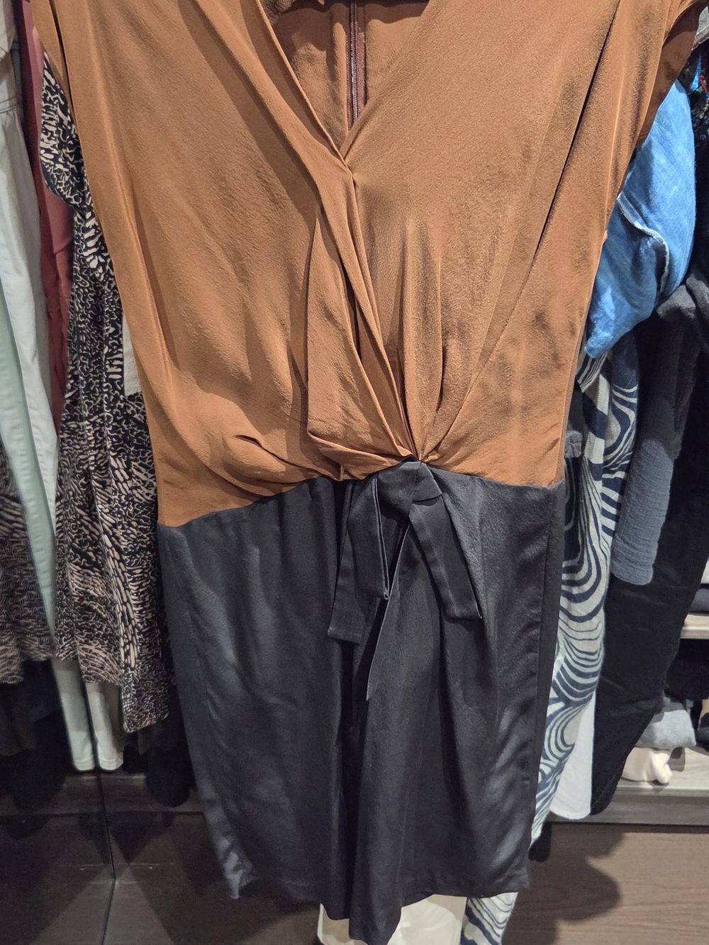 Two-Tone Rust and Black Tie-Waist Silk Dress